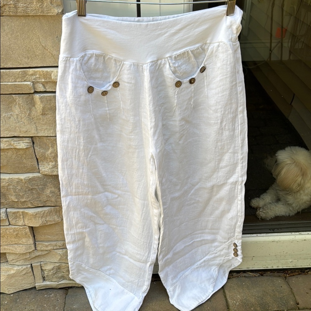 White Linen Button-Detail Pants